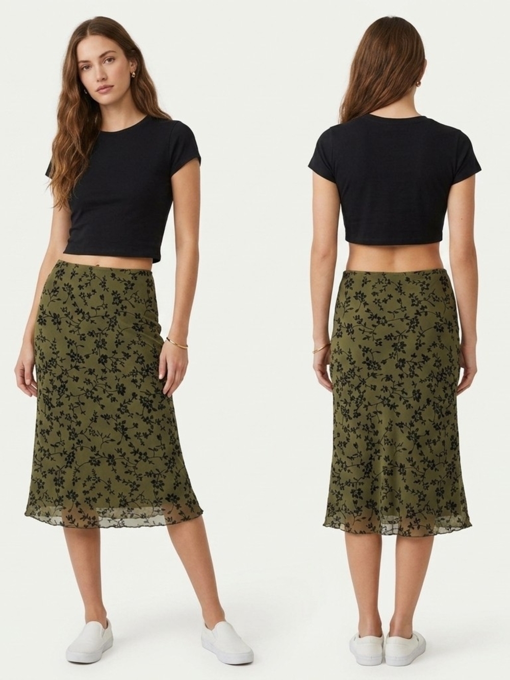 Vintage High-Waist Floral Midi Skirt In Olive Green/Black - M